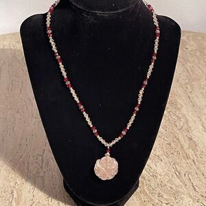 Necklace Rose Quartz Flower Pendant on Red and Pink Crystal